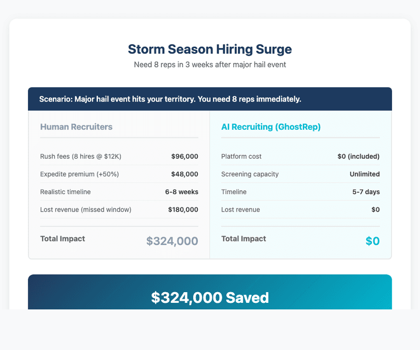 Storm Season Hiring Surge Comparison showing $324,000 savings with AI recruiting vs human recruiters