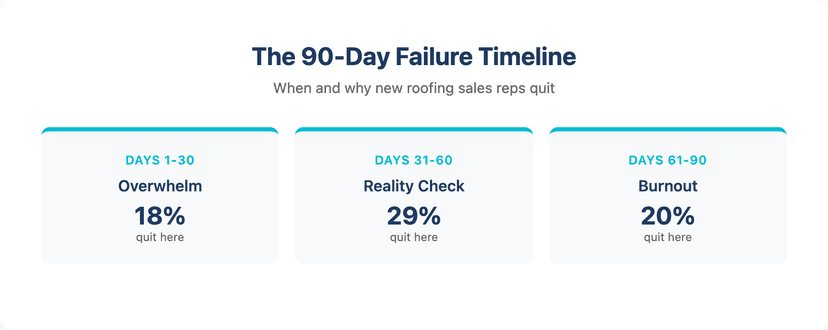 First 90 days failure timeline for new roofing sales representatives