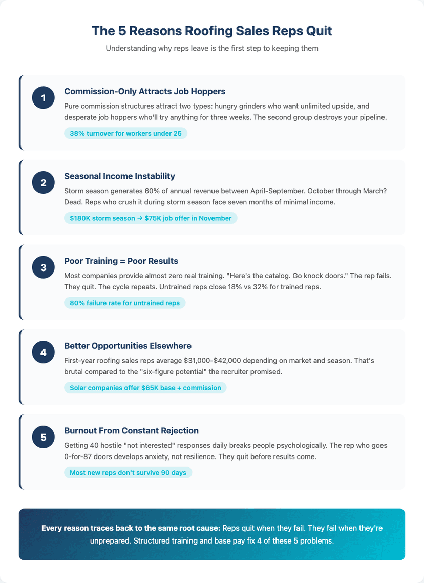 The 5 Reasons Roofing Sales Reps Quit - commission-only pay, seasonal instability, poor training, better opportunities, and rejection burnout