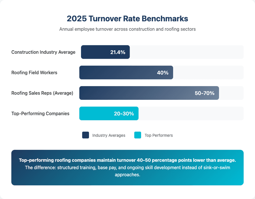 2025 Turnover Rate Benchmarks showing construction industry at 21.4%, roofing field workers at 40%, roofing sales reps at 50-70%, and top-performing companies at 20-30%