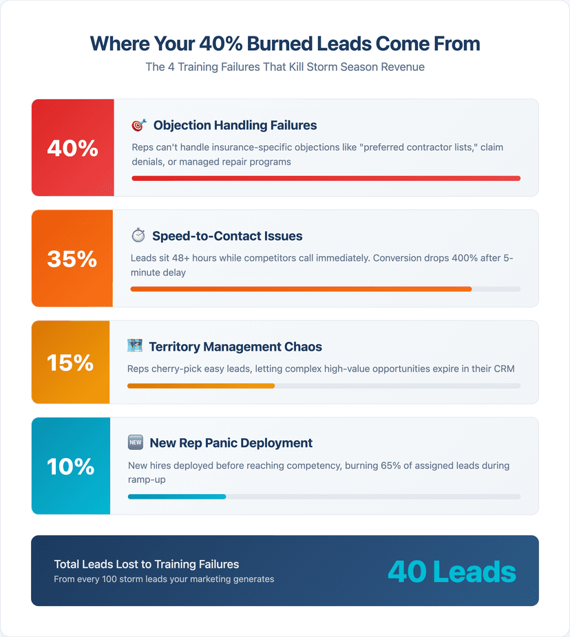 Where Your 40% Burned Lead Rate Actually Comes From - The 4 Training Failures That Kill Storm Season Revenue Storm season burned lead breakdown infographic showing 40% objection handling failures, 35% speed-to-contact issues